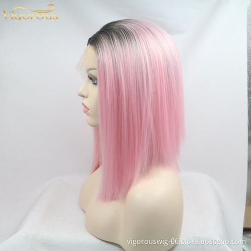 Straight Bob Ombre Lovely Pink Wig Synthetic Black Color Wig Short Pixie Cut Lace Front Wig Women 16 Inch Middle Part